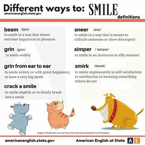 We hope you smile every day! Here are different ways to smile in #AmericanEnglish. When was the last time you grinned from ear to ear? English Collocations, Advanced English Vocabulary, Esl Vocabulary, Other Ways To Say, English Vocab, English Tips, Grammar Lessons, English Idioms, Learn English Vocabulary