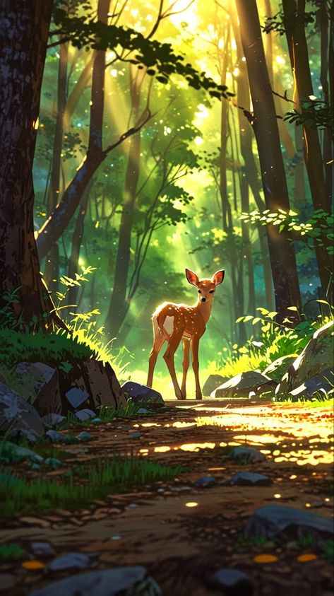 in a forest! #fawn | #deer | #babydeer | #deerwallpaper Fawn Painting Acrylic, Deer In Forest Drawing, Deer Art Cute, Deer Digital Art, Baby Deer Painting, Deer Drinking Water, Enchanted Forest Animals, Deer And Butterfly, Deer In Woods