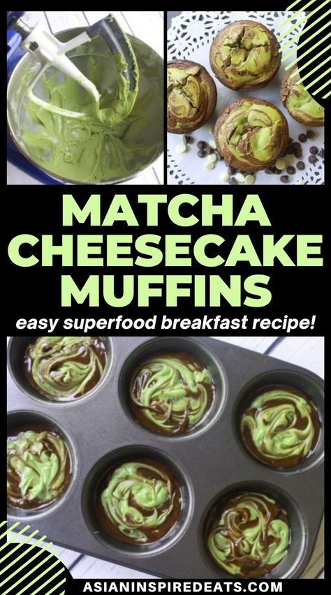 green swirl and black muffins Matcha Cheesecake Brownies, Strawberry Matcha Cupcakes, Quick Sweet Breakfast, Tea Cheesecake, Green Tea Cheesecake, Matcha Muffins, Matcha Cupcakes, Make Matcha, Matcha Cheesecake