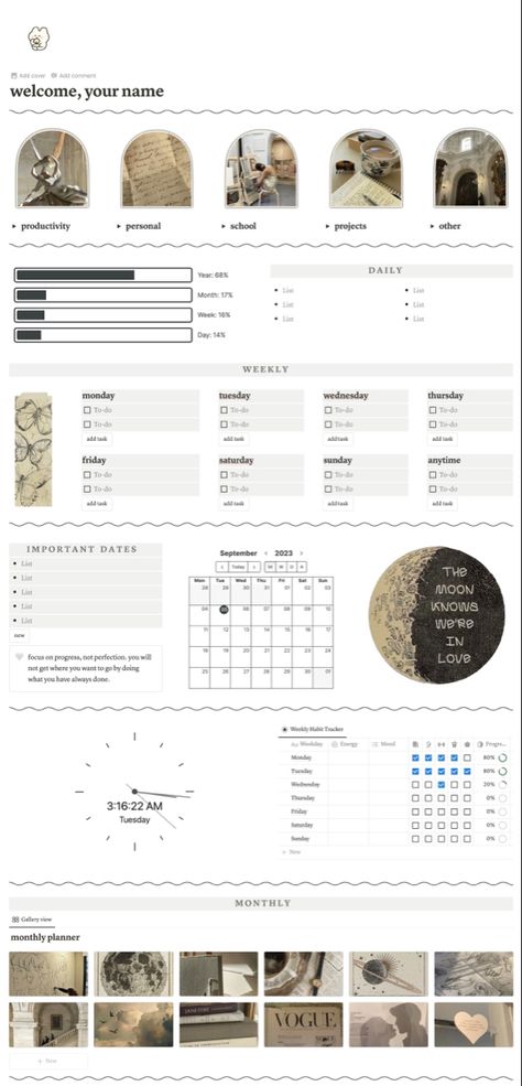 Student Notion Aesthetic, Notion Main Page Ideas, 2024 Notion Planner, Aesthetic Notion Planner, Academic Notion Aesthetic, Notion Planner Template Aesthetic, Dnd Notion Template, Notion Journal Template Aesthetic, Wesley Anna Notion