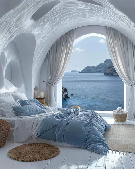 Greek Bedroom, Greek Style Home, Final Fantasy Sephiroth, Rooms With A View, Black Interior Design, Futuristic Home, Home Vibes, Coastal Life, Dreamy Bedrooms