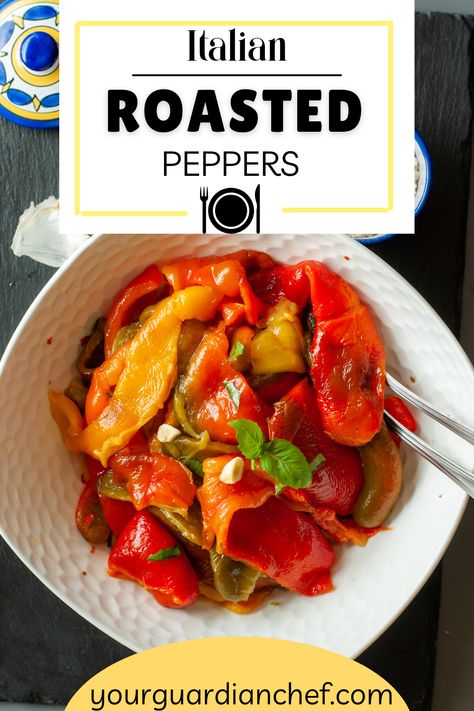 This recipe for Italian Roasted Red Peppers is a healthy and simple vegetable side dish, perfect for various meals and occasions. Ideal for both vegetarian and vegan diets, it's a great addition to dinners, BBQs, and family gatherings. The recipe involves roasting red peppers seasoned with garlic, extra virgin olive oil, and basil, making it a flavorful choice for side dishes. Italian Roasted Peppers, Roasting Red Peppers, Roasted Red Peppers Recipes, Red Pepper Recipes, Italian Roast, Vegetable Side Dish, Italian Vegetables, Holiday Side Dishes, Roasted Red Pepper