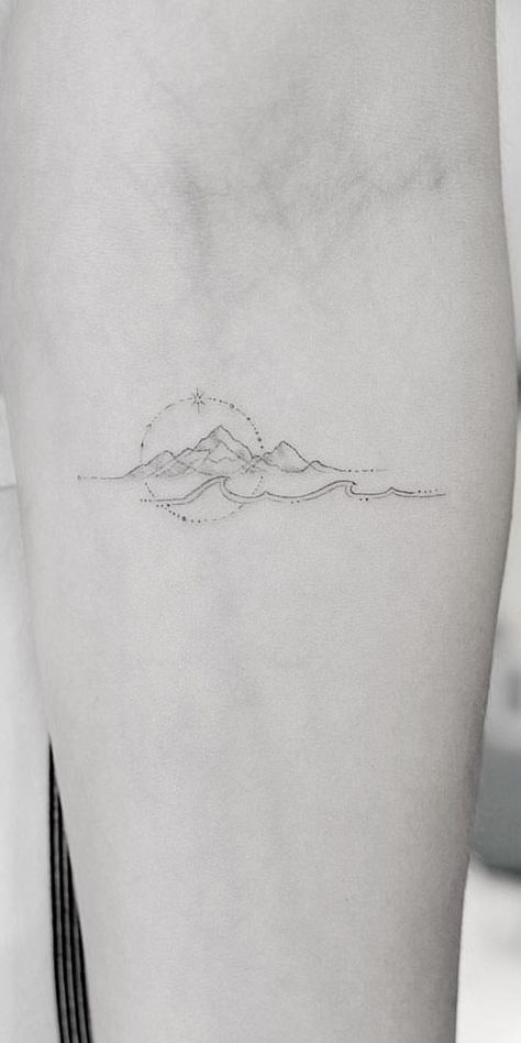 Mountain Mama Tattoo, Hawaii Mountain Tattoo, 3 Mountains Tattoo, Mountains And Beach Tattoo, Mountain And Ocean Tattoo Simple, Mountain Tattoo On Ribs, Fineline Mountain Tattoo, Mountain And Beach Tattoo, Wave Line Tattoo