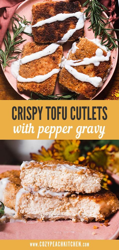 Crispy breaded tofu cutlets are lightly pan-fried and perfect as a vegetarian centerpiece for dinner, Thanksgiving and Christmas! #tofu #maincourse #veganthanksgiving Tofu Snitzel, Breaded Tofu Recipes, Tofu Thanksgiving Recipes, Beancurd Recipes, Christmas Tofu, Thanksgiving Tofu, Protein For Lunch, Tofu Cutlets, White Pepper Gravy