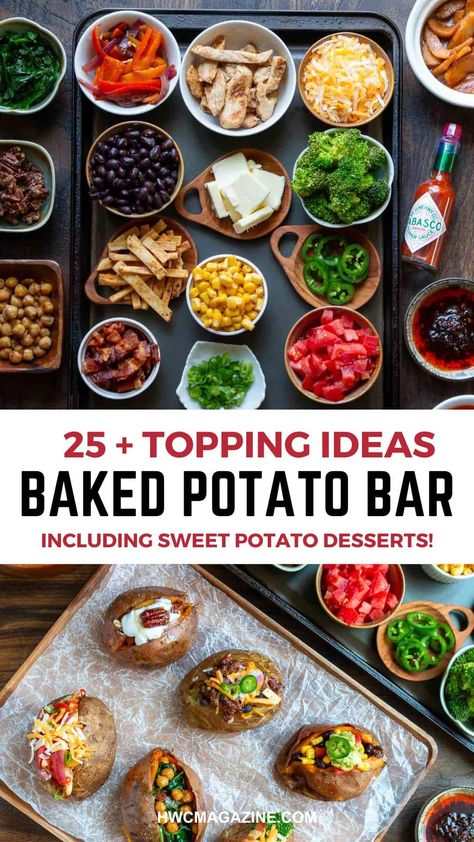 Potato Bar Party, Baked Potato Bar Toppings, Potato Bar Toppings, Mashed Potato Bar, Baked Potato Toppings, Party Food Bars, Sweet Potato Toppings, Sweet Potato Dessert, Baked Potato Bar