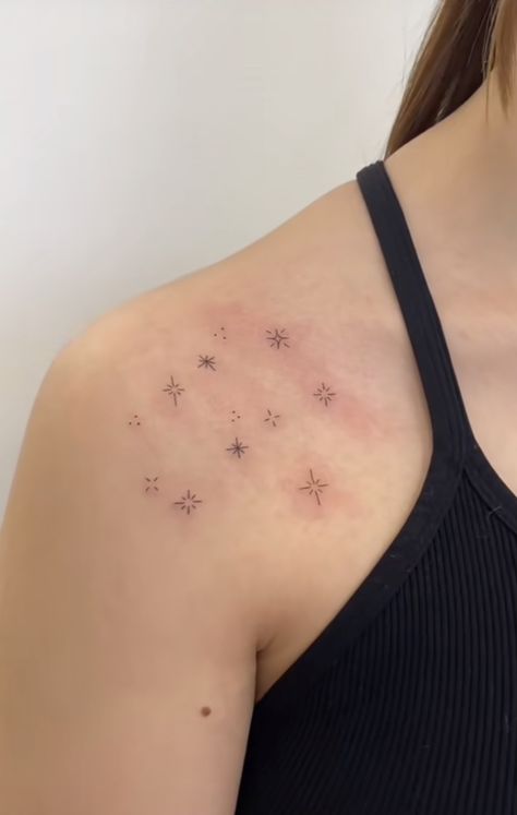 Collar Bone Constellation Tattoo, Sparkle And Stars Tattoo, Stars Around Scar Tattoo Design, Star Clavicle Tattoo, Star Around Scar Tattoo, Shoulder Sparkle Tattoo, Sparkle Tattoo Shoulder, Sparkle Shoulder Tattoo, Tiny Space Tattoo