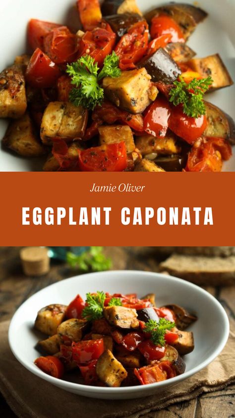 Jamie Oliver Eggplant Caponata Eggplant Caponata Recipe, Cloves Recipes, Zucchini Tortilla, Caponata Recipe, Zucchini Dishes, Eggplant Sandwich, Menu Recipe, Aubergine Recipe, Eggplant Caponata