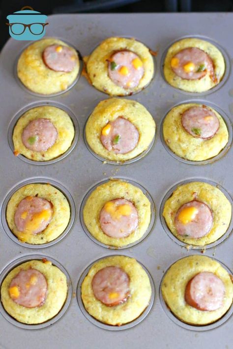 Cornbread Muffin Sausage Bites are made with a Mexican cornbread mix with shredded sharp cheddar cheese and sliced cheddar sausages. Mexican Cornbread Muffins, Mini Cornbread Muffins, Yellow Cornbread, Cornbread Muffin, Sausage Bites, Sausage Cornbread Stuffing, Sausage Muffins, Mexican Cornbread, Cornbread Muffins