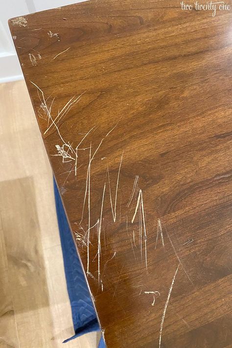 How to Fix Furniture Scratches Repair Scratched Wood, Build A Nightstand, Wood Floor Repair, Cherry Furniture, Scratched Wood, Laminate Table Top, Laminate Furniture, Antique Buffet, Wood Repair