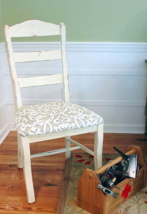 How to Re-upholster a Seat and Protect the Fabric | Pretty Handy Girl Reapolstering Chairs, Reupholster Dining Room Chairs, Dining Chairs Diy, Reupholster Chair Dining, Cheap Adirondack Chairs, Reupholster Chair, Farmhouse Dining Chairs, Dining Room Chair, Diy Chair