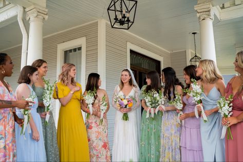 Mismatched Bridesmaid Dresses Floral, Bright Pastel Bridesmaid Dresses, Rainbow Color Bridesmaid Dresses, Bridesmaid Dresses Rainbow, Mismatched Bridesmaid Dresses Colorful, Bridesmaids Colorful, Bright Spring Bridesmaid Dresses, Colorful Bridesmaids And Groomsmen, Muted Rainbow Wedding Bridesmaids