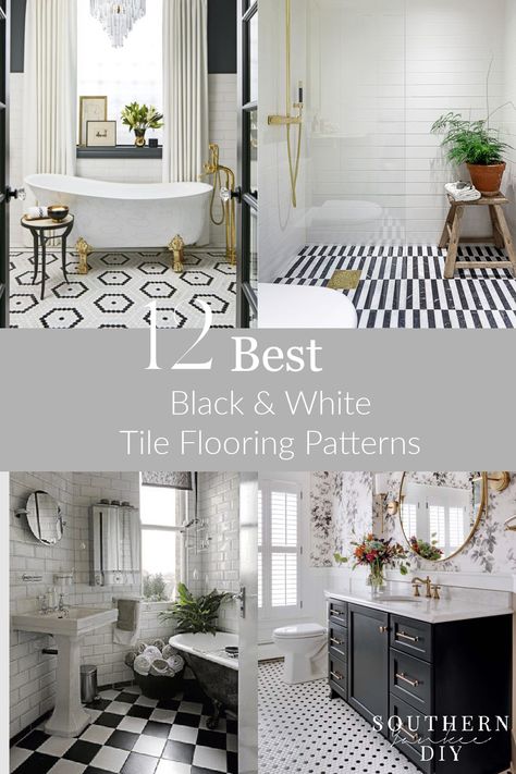 Black White Check Bathroom Floor, Black And White Bathroom Floor Tile Ideas, Pattern Tiled Bathroom, Black And White Antique Bathroom, Black And White Tile Floors Bathroom, Kitchen Flooring Ideas Tile Black And White, Black And White Basketweave Tile Bathroom, Black And White Flower Tile Bathroom, Black White Bathroom Floor Tile