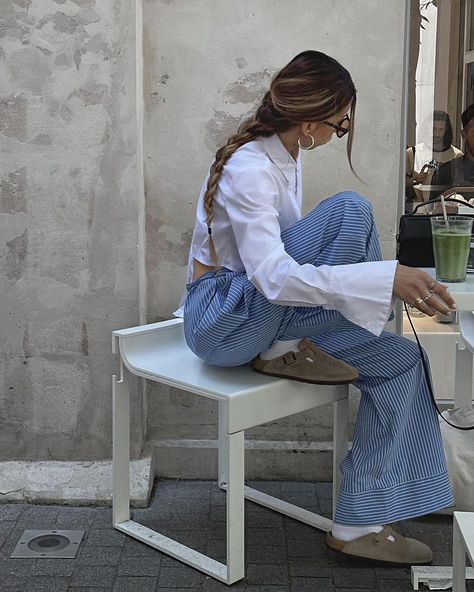 MARINA NORJES on Instagram: "slow days pj looks 💙 (3rd one is me waiting for my matcha mochi 🙈)" Striped Pj Pants Outfit, Striped Blue Pants Outfit, Outfits With Pj Pants, Pijama Pants Outfit, Pj Pants Outfit, Style Birkenstock Clogs, Blue Striped Pants Outfit, Pijama Outfit, Pijama Pants