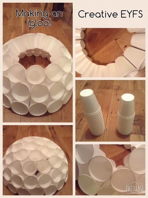 Home made igloo made out of polystyrene cups!                                                                                                                                                                                 More Igloo Centerpiece, Igloo Craft For Kids, Diy Igloo, Igloo Craft, Wonderland Decorations, Winter Wonderland Decorations, Thema Winter, Office Christmas, Book Fair