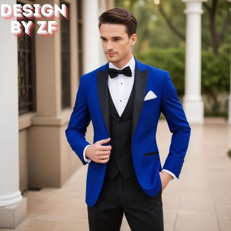 3 Piece Tuxedo For Men, Modern Suits Men, Wedding Color Royal Blue, Royal Blue Tux, White Wedding Suits For Men, Trending Suits, 3 Piece Tuxedo, Blue Tux, White Wedding Suit