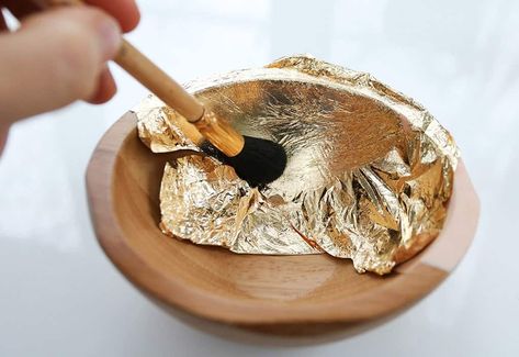 DIY gold leaf dish tutorial — these make the perfect catch all bowls! Gold Leaf Decor, Diy Gold Leaf, Silver Leafing, Gold Leaf Jewelry, Gold Leaf Paint, Leaf Projects, Mitre Saw, Wood Dishes, Cream Cheese Danish