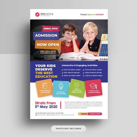 Kids school education admission flyer p... | Premium Psd #Freepik #psd #kindergarten-flyer #kindergarten-school #school-party #school-registration Bradbury Thompson, Lester Beall, Procreate Logo, Bauhaus Graphic, Business And Advertising, 2023 Logo, Design Bad, Education Banner, Pamphlet Design