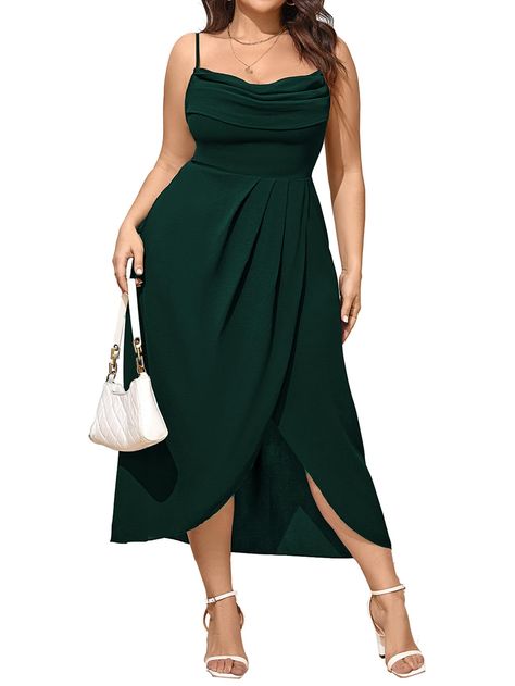 PRICES MAY VARY. MATERIAL: The Plus Size Dress Is Made Of 95% Polyester 5% Elastane, Comfy, Lightweight, Breathable, Skin-Friendly, Halter Dresses Are Perfect For Summer FEATURES: Women's Plus Size Dress/ Women's Maxi Dress/ Party Dress/ Women's Front Split Dress/ Cowl Neck Dress/ Elegant Cocktail Dresses/ Adjustable Spaghetti Straps/Elastic Waist/ Mid-Length/ Ruched Design At Bust/ Plus Size Long Dress/ Sleeveless Long Dresses/ Spaghetti Strap Backless Bodycon Summer Dresses/ Sexy Slim Fit Nigh Wedding Guest Dress Sparkle, Modest Cocktail Dresses, Army Green Wedding Guest Dress, Garden Party Dress Plus Size, Forest Green Cocktail Dress, Cocktail Dress For Pear Shape, Size 16 Wedding Guest Outfit, Wedding Guest Dress For Plus Size Women, Apple Shape Dresses For Wedding