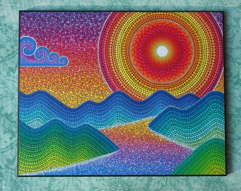 Colorful Print Laminated on woodblock- Gulf Island Zig Zag Elspeth Mclean, Mandala Rock Art, Acrylic Landscape, Mandala Art Lesson, Rock Painting Patterns, Dot Art Painting, Mandala Dots, Mandala Stones, Mandala Painting