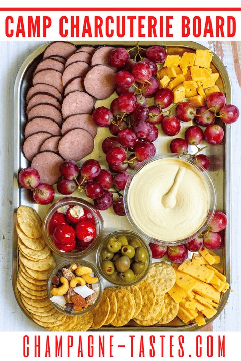 Camping Dips, Camping Charcuterie Board, Camping Charcuterie, Fun Recipes To Try, Summer Charcuterie, Vegan Jerky, Roasted Red Pepper Dip, Charcuterie Board Ideas, Hiking Snacks