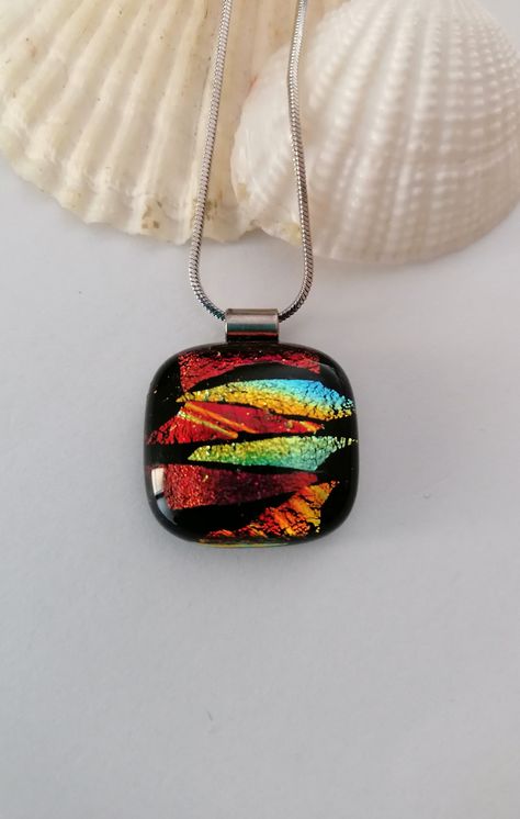 Rectangular boho multicolor dichroic glass pendant, minimalist necklace, unique fused glass jewelry by GlassikJewellery on Etsy Fused Glass Jewelry Dichroic, Dichroic Glass Jewelry, Fused Glass Necklace, Dichroic Pendant, Fused Glass Artwork, Pendant Minimalist, Dichroic Glass Pendant, Fused Glass Jewelry, Jewelry Website