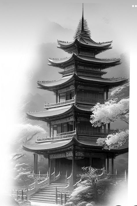 Samurai Temple Tattoo Design, Chinese Temple Tattoo Design, Japanese House Tattoo, Chinese Temple Tattoo, Pagoda Tattoo Design, Japanese Temple Tattoo Design, Pagoda Tattoo, Japanese Temple Tattoo, Japanese Warrior Tattoo