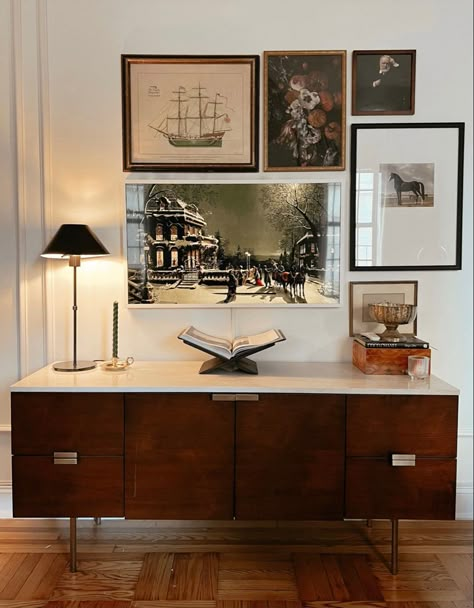 Console With Photo Frames, Anouska Hempel Interiors, Gallery Wall Over Credenza, Wireless Picture Light, Credenza Styling, Nyc Rooms, Credenza Decor, Havenly Living Room, Furniture Details Design