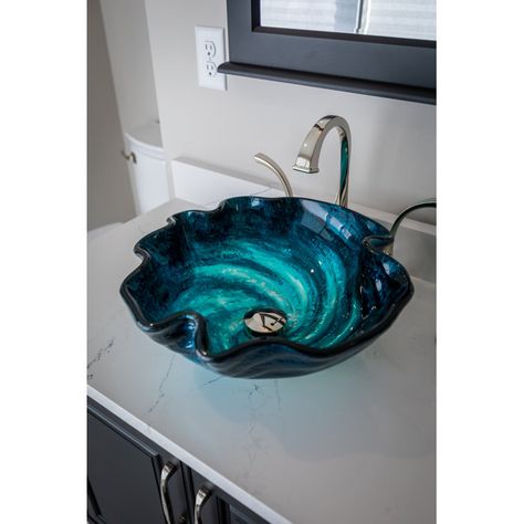 EdenBath Carribean Wave Tempered Glass Specialty Vessel Bathroom Sink | Wayfair Ocean Themed Bathroom, Sea Bathroom, Ocean Bathroom, Bathroom Sink Bowls, Bathroom Recessed Lighting, Unique Sinks, Glass Vessel Sinks, Glass Sink, The Eden