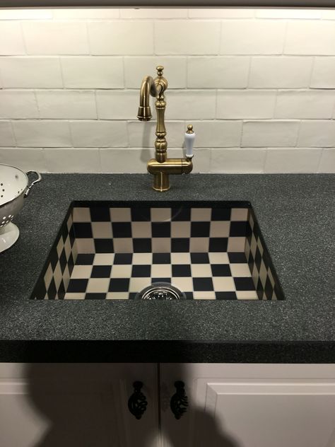 Checkered Home Aesthetic, Checkered Sink, Checkered Kitchen, Yellow Kitchen Cabinets, Practical Home Decor, Dark Home Decor, Future Apartment Decor, Goth Home Decor, Dark Home