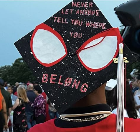 Caps For Graduation Ideas, Decorated Graduation Caps For Guys, Spiderverse Graduation Cap, Spider Man Grad Cap, Black Panther Graduation Cap, Juice Wrld Graduation Cap, Cap Decoration Graduation Men, Cap Decoration Graduation Spiderman, Miles Morales Grad Cap