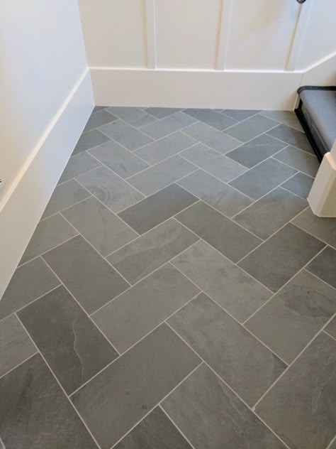 Herringbone Entryway Tile, Herringbone Entryway, Laundry Room Floor Ideas, Bathroom Designs 2023, Room Floor Ideas, Flooring Herringbone, Grey Bathroom Floor, Laundry Room Floor, Herringbone Tile Floors