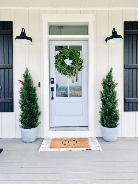 Front Door For Small House, Light Blue Siding House Front Doors, Front Door Esthetics, Light Grey House Blue Door, Colorful Front Door White House, Front Door Ideas Beach House, White House Black Trim Blue Door, Light Gray Front Door, Grey Blue Door