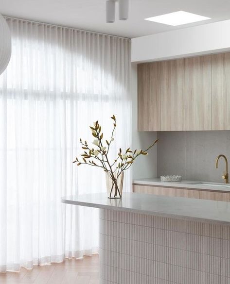 Solly Studios on Instagram: "A kitchen I would love to come down to on a morning ☕️ @_zenndesign 📸 #design #interiordesign #home #homedecor #homeinspo #homedesign #homestyle #homeimprovement #homeinterior #office #officedecor #officedesign #officeinspiration #officeinteriors #lighting" Sheer Curtains In Kitchen, Sheer Curtains Kitchen, Sheer Curtain With Lights, Long Curtains In Kitchen, S Fold Sheer Curtains, Recessed Curtains, Sheer Kitchen Curtains, Big Window Curtains, Sheer Curtains Living Room