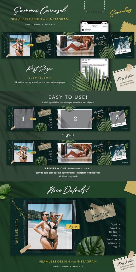 Summer Moodboard Instagram Carousel Template PSD Travel Carousel Design, Carousel Ads Design Ideas, Instagram Carousel Design Photography, Carousel Layout, Insta Carousel, Speaker Announcement, Ig Carousel, Carousel Ideas, Instagram Carousel Template