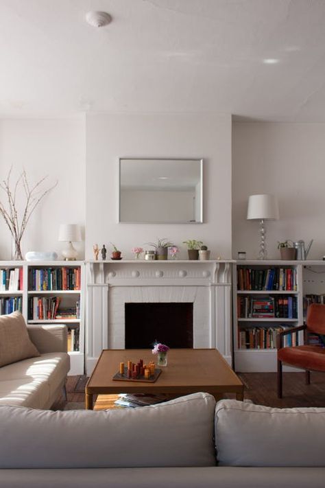 Apartment Therapy Small Spaces, Simple Apartment, Simple Apartments, Small Space Living Room, Built In Bookcase, Living Room With Fireplace, House Tour, Small Space Living, Small Living Room