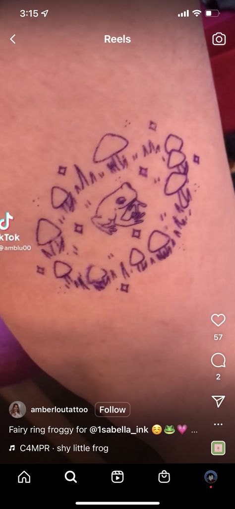 Small Tattoos Cottagecore, Cute Whimsical Tattoos, Mushroom Circle Tattoo Knee, Small Steven Universe Tattoo, Fairy Ring Knee Tattoo, Goblin Core Tattoo, Naturalistic Tattoos, Mushroom Ring Tattoo, Matching Flash Tattoos