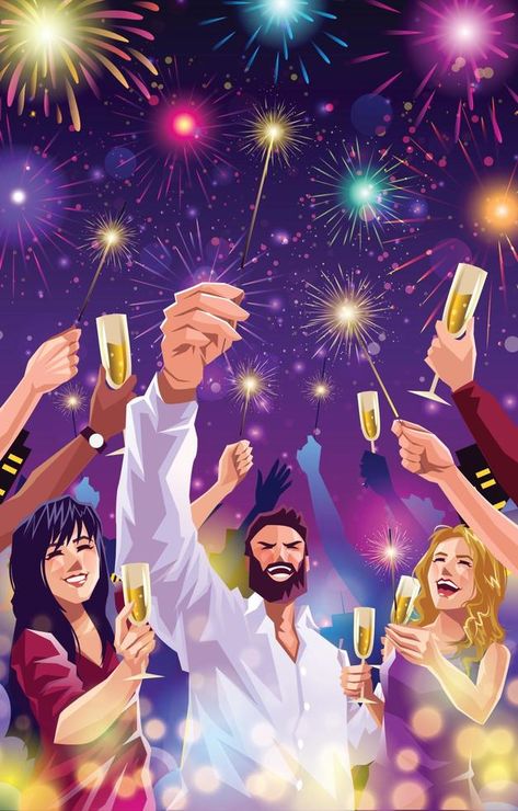 People Party Celebrating New Year Festival with Champagne and Fireworks New Year Poses, Posters Reference, Celebration Drawing, Lake Illustration, Sample Packaging, New Year's Drawings, Firework Painting, Celebrating New Year, Celebration Art