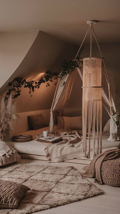 A serene minimalist boho bedroom with soft neutral tones, light wooden furniture, and a woven hanging light casting a warm glow. Tranquil Boho Bedroom, 2025 Goals, Boho Style Bedroom, Tranquil Retreat, Style Bedroom, Bedroom Boho, Movie Room, Neutral Decor, Beauty Room