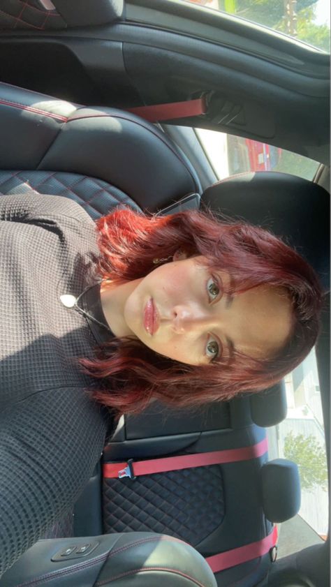 red hair inspo pic #redhair #redhaircolor #redhairstyles Curtain Bangs Red Hair Dye, Red Hair Bobs, Red Hair Subtle, Dark Red Medium Length Hair, Light Brown To Red Hair, Wine Red Hair Medium Length, Dark Brown Hair Dyed Red, Natural Short Red Hair, Shoulder Length Dark Red Hair