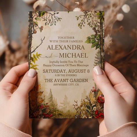 #Elven_Wedding_Invitations #Nature_Wedding_Invites #Fall_Floral_Wedding_Invitations #Forest_Wedding_Elopement Nature Preserve Wedding, October Green Wedding, Summer Camp Wedding Reception, Nature Aesthetic Wedding, Nature Wedding Invites, Fall Floral Wedding Invitations, Swamp Theme Wedding, Forest Wedding Florals, Forest Wedding Invites