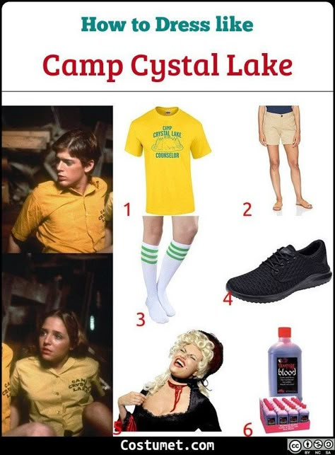 If you want to look like Camp Crystal Lake counsellor, the basics that you’ll want to get are: a Camp Crystal Lake-themed shirt, beige shorts, white knee-high socks, and a pair of sneakers.            #FridayThe13th #male #movies #female #couple #FridayThe13th Crystal Lake Camp Counselor Costume, Camp Crystal Lake Theme Party, Camp Crystal Lake Party, Camp Crystal Lake Counselor Costume, Camp Counselor Costume, Lake Theme Party, Camp Crystal Lake Counselor, Haunted Trail, Halloween Friday The 13th