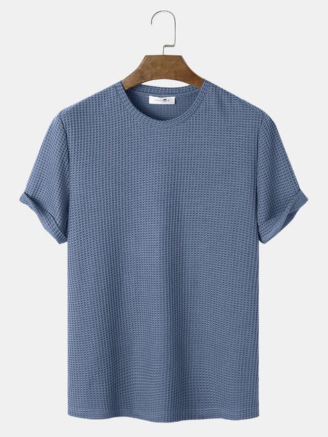 Basic T Shirts, Basic Shorts, Men Summer, Tee Shirt Homme, Loose Shirts, Textured Knit, Knit Shirt, Solid Tops, Blue Dark