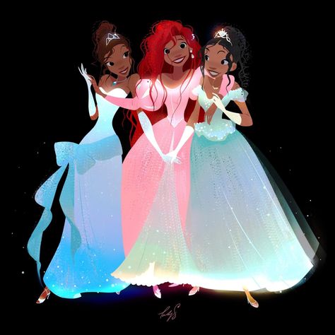 Tiana from The Princess & the Frog, Halle Bailey as Ariel from The Little Mermaid & Brandy Norwood as Cinderella. © _ladyshalirin on Twitter. Black Disney Princess, Disney Princess Fan Art, Afrique Art, Disney Princess Fashion, Disney Collage, Disney Princess Drawings, Disney Artwork, It Girls, Pinturas Disney