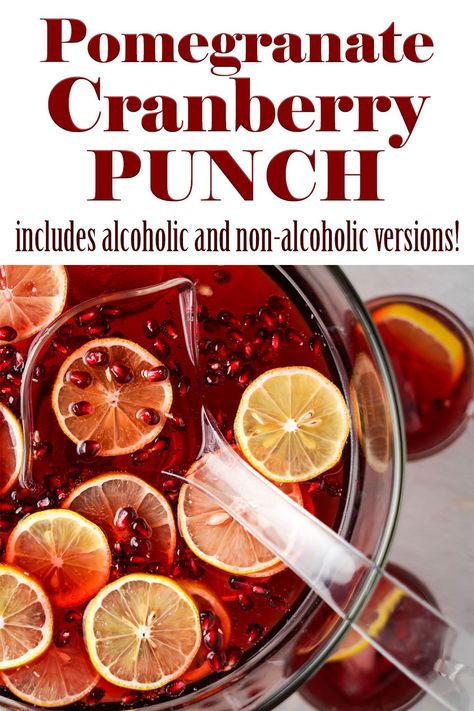 A super easy and festive party punch that’s perfectly tart and a bit sweet. Can be made alcoholic or non-alcoholic! #cranberry #cranberryjuice #pomegranate #punch #drinks Sparkling Cranberry Punch, Holiday Potluck Recipes, Pomegranate Punch, Sparkling Punch, Easy Party Punch, Cranberry Punch, Alcoholic Punch, Cranberry Juice Cocktail, Christmas Punch Recipes