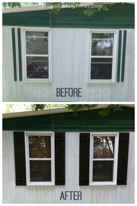 Easy DIY Wood Shutters for under $10 a pair! 6 Make Shutters, Diy Wood Shutters, Farmhouse Sheds, Decorative Shutters, Mobile Home Exteriors, Mobile Home Makeovers, Mobile Home Makeover, Mobile Home Renovations, Manufactured Home Remodel