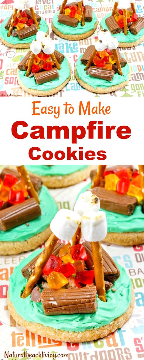 How to Make Campfire Cookies Everyone Will Love, Camping Theme, Camping Party Ideas, Camping food, Party food, Cookies, Easy Sugar Cookie Ideas, Kids Snacks Camping Party Foods, Campfire Cookies, Campfire Meals, Theme Snack, Banana Split Dessert, Camping Snacks, Camping Theme Party, Camping Parties, Easy Camping Meals