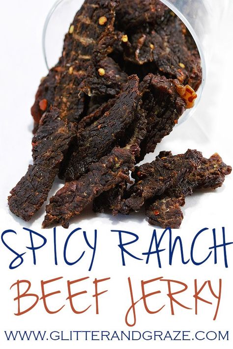 spicy ranch beef jerky Oven Beef Jerky, Peppered Beef Jerky Recipe, Beef Jerky Recipe Dehydrator, Beef Jerky Marinade, Jerky Recipes Dehydrator, Deer Jerky Recipe, Oven Jerky, Jerkey Recipes, Jerky Marinade