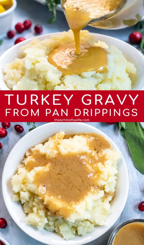 Don't put that roasting pan in the sink yet! Learn how to make the best and easiest Turkey Gravy from Pan Drippings. Making classic turkey gravy is a cinch, perfect for your table on Thanksgiving! Recipe | Turkey Gravy | Easy | Dairy Free Gravy From Drippings Turkey, Turkey Recipes Thanksgiving Oven, Make Gravy From Drippings, Drippings Gravy, Gravy Recipe No Drippings, Gravy From Drippings, Turkey Gravy From Drippings, Turkey Gravy Easy, Making Turkey Gravy