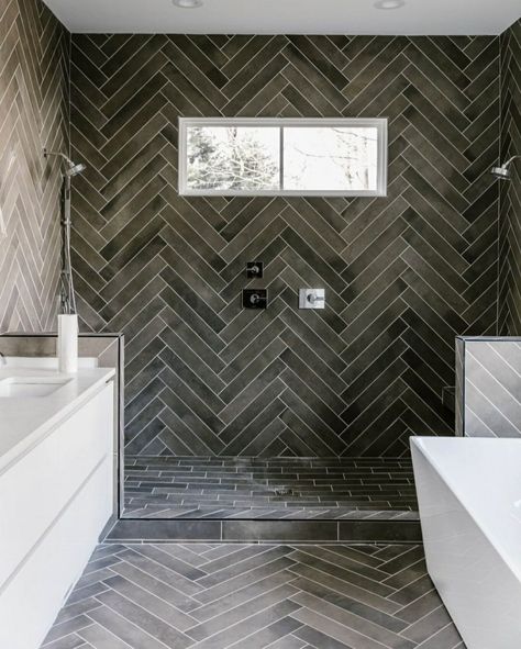 Dark Tile Bathroom, Herringbone Tile Bathroom, Walker Zanger Tile, Black Tile Bathrooms, Walker Zanger, Dark Tile, Dark Bathrooms, Serene Bathroom, Bathroom Redesign