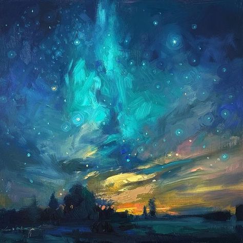 Night Sky Abstract Painting, Milky Way Paintings, Celestial Oil Painting, Galaxy Painting Oil Paint, Oil Painting Landscape Impressionism, Aurora Oil Painting, Oil Painting Galaxy, Space Oil Painting, Oil Pastel Night Sky